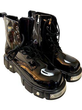 Black Platform Combat Boots Men 12 Goth Chunky Punk Metal Hardware Lace-Up Zip